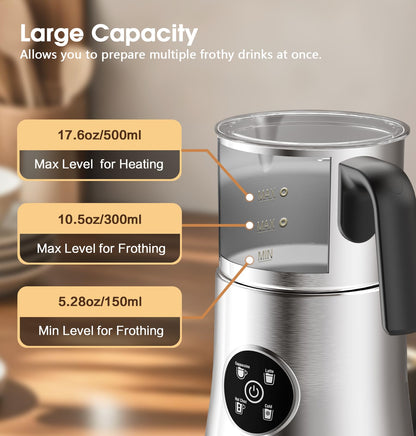 Milk Frother and Steamer, Electric Frother with Detachable Stainless Steel Jug, Hot & Cold Foam Maker for Latte, Cappuccino, Coffee, 4-in-1 Automatic Milk Warmer, 17oz Heat