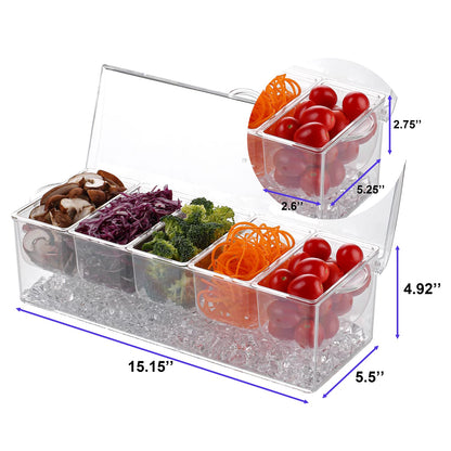IVYHOME Ice Chilled 5 Compartment Condiment Server Caddy | Fruit Serving Tray | Condiment Pots with 5 Removable Dishes Over 2 Cup Capacity Each and Hinged Lid