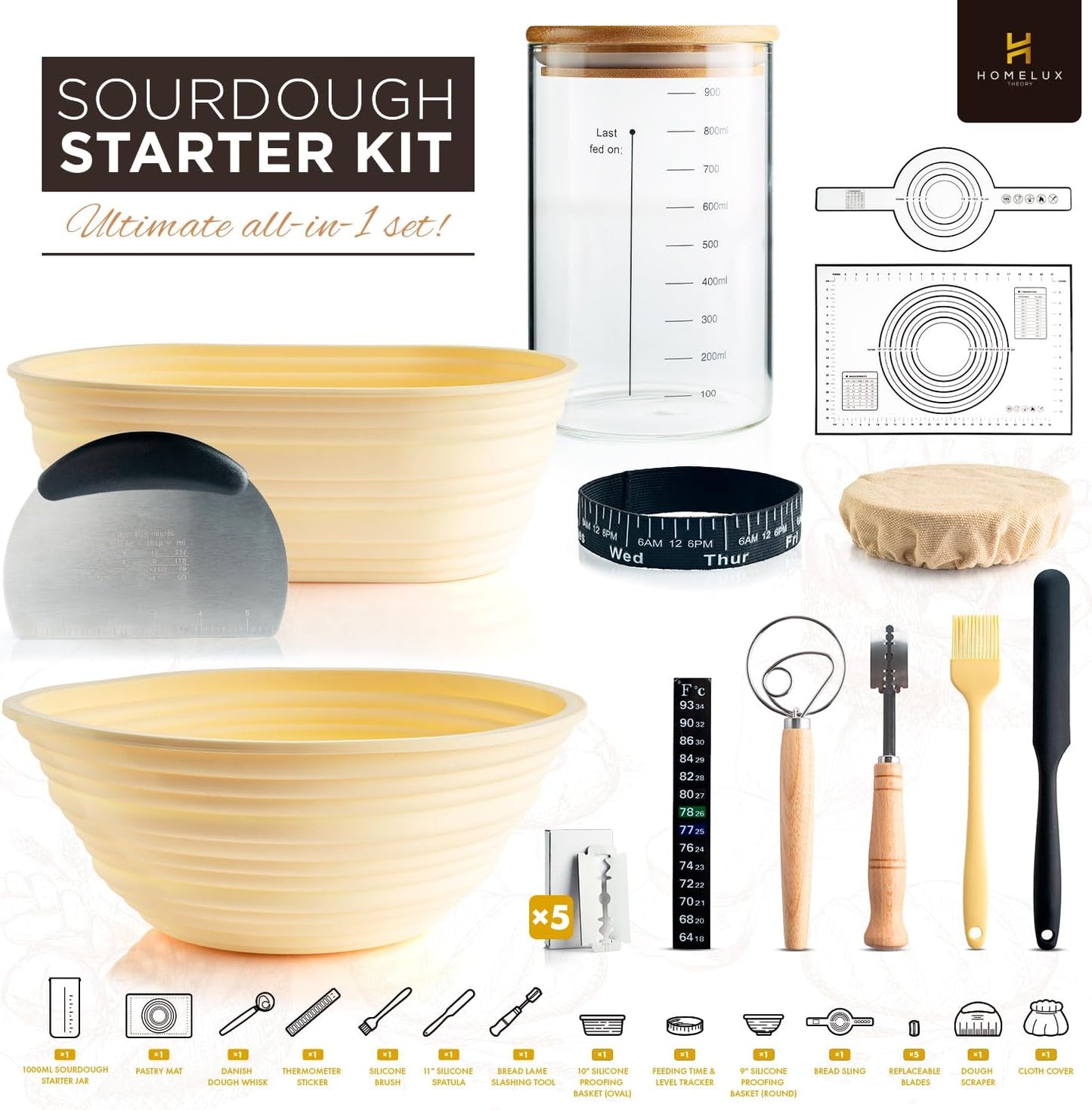 14pcs Sourdough Starter Kit, Bread Making Kit & Sourdough Bread Baking Supplies Kit, Banneton Basket Kit for Sourdough