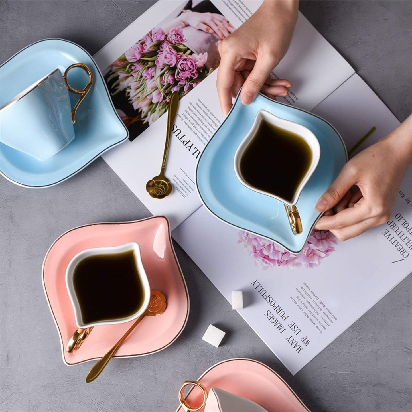 xiyouya 6-Piece Porcelain Ceramic Coffee Tea, Cups & Saucer Service Include 6 Cup，6 ，6 Teaspoons and Display Stand ，200ml/6.8oz(B)