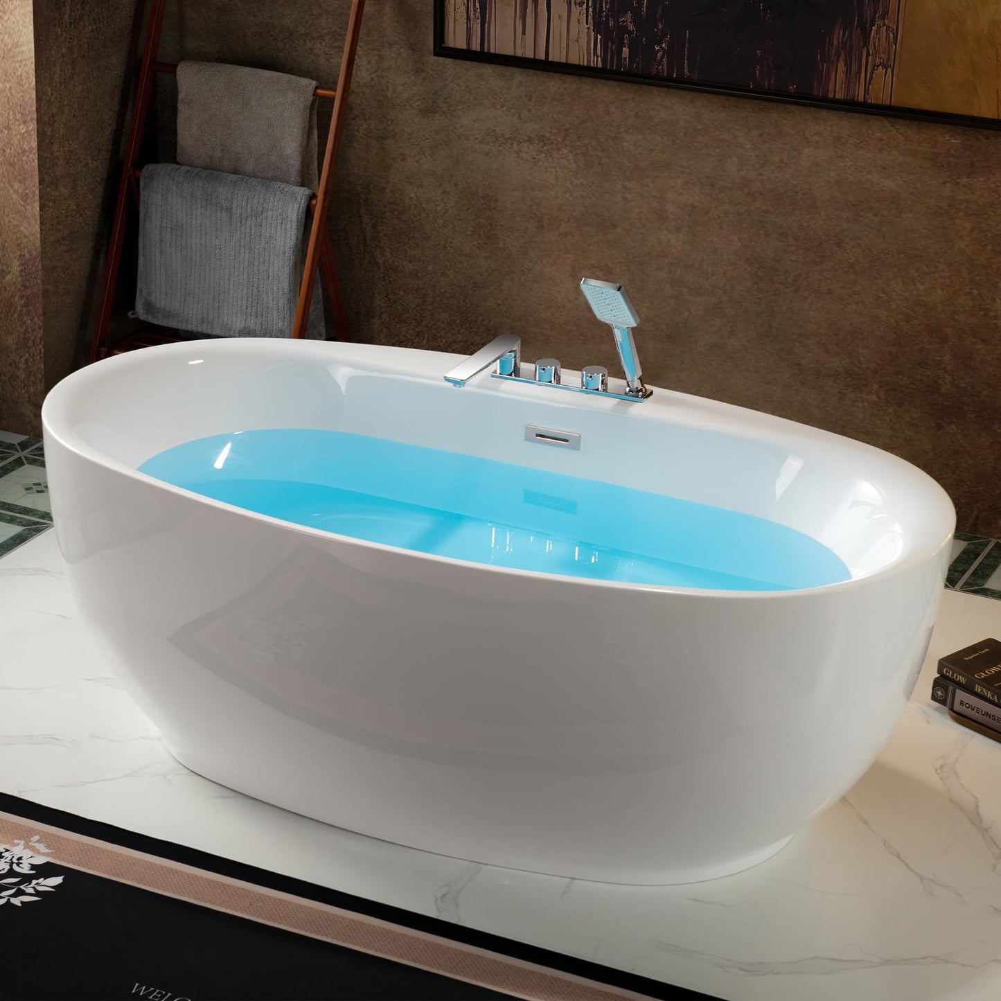 WOODBRIDGE 66" Acrylic Freestanding Bathtub Contemporary Soaking White Tub with Brushed Nickel Overflow & Drain and Faucet,B0027-BN