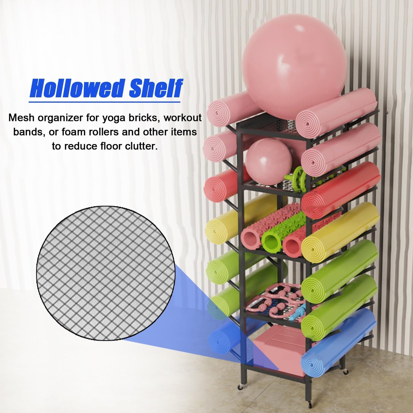 YHdtUO Yoga Mat Storage and Organizer Rack, Free Standing Home Gym Garage Storage Holder for Dumbbells/Foam Roller/Yoga Blocks, Commercial Workout Equipment Storage,White-45x37x150cm/17.7x14.6x59in