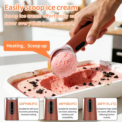 Heated Ice Cream Scoop Rechargeable, IP67 Waterproof Electric Warming Ice Cream Scooper with LED Display, Heats to 70°C for Hard Ice Cream, Easy for Seniors & Kids (Brown)