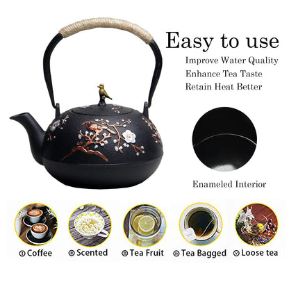 Cast Iron Teapot SECHUDO Teapot for Stovetop Safe Coated with Enameled Interior,Japanese Beautiful Tea Kettle with Stainless Steel Infuser for Loose Tea (40.6oz/1200ml)