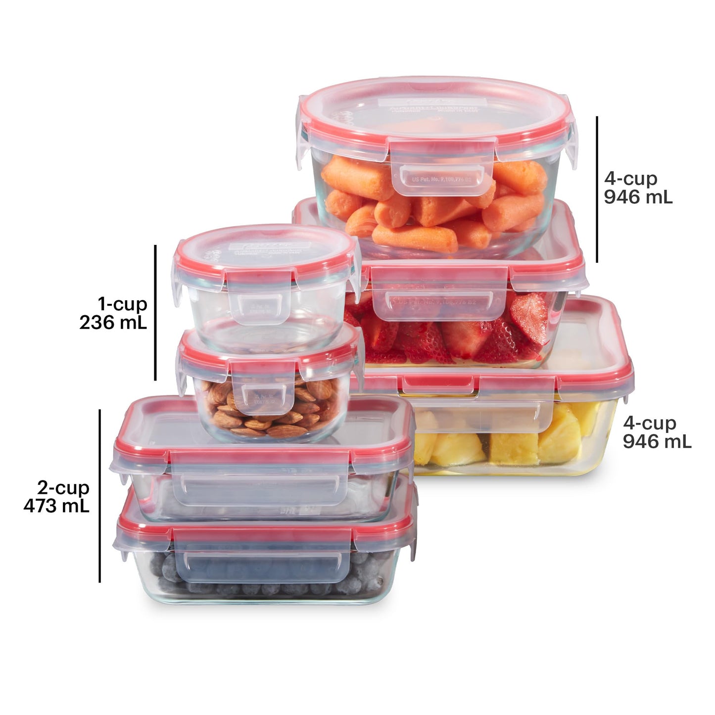 Pyrex Freshlock (7-Pack) Glass Food Storage Containers Set, (1, 2, 4 Cups) Airtight & Leakproof Plastic Locking Lids BPA-Free, Meal Prep Containers Set, Freezer Dishwasher Microwave Safe