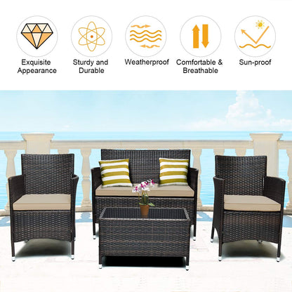 COSTWAY 8PCS Rattan Patio Furniture Set, Outdoor Wicker Rattan Chairs with Coffee Table, Rattan Cushioned Conversation Set for Backyard Balcony Porch Poolside, Brown