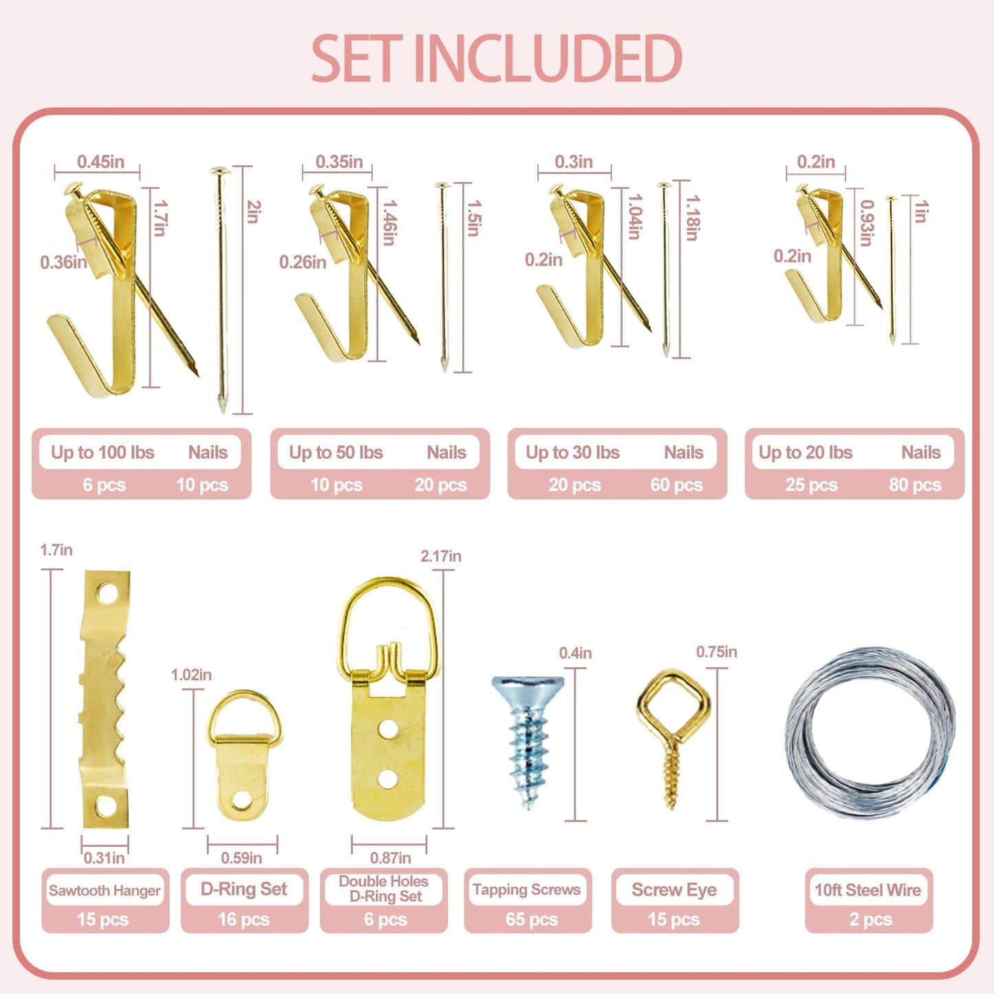 TOYIEW Picture Hanging Kit Tool, 352pcs Hanging Hardware with Heavy Duty Frame Hooks, Wire, Nails, D Rings, Photo Sawtooth Hangers, Wall Art Hanging Kit with Laser Level, Pink Claw Hammer