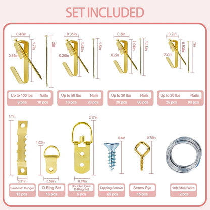 TOYIEW Picture Hanging Kit Tool, 352pcs Hanging Hardware with Heavy Duty Frame Hooks, Wire, Nails, D Rings, Photo Sawtooth Hangers, Wall Art Hanging Kit with Laser Level, Pink Claw Hammer