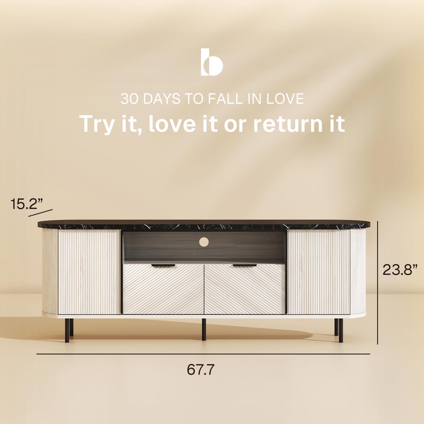 BELLEZE 68 inch Fluted TV Stand Modern Chic Faux Marble Top, Curved Profile Entertainment Center with Storage for TVs Up to 80 inch, Media Console Tv Cabinet for Living Room (White Sand)