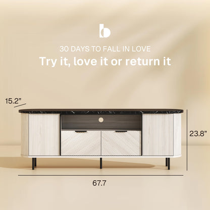BELLEZE 68 inch Fluted TV Stand Modern Chic Faux Marble Top, Curved Profile Entertainment Center with Storage for TVs Up to 80 inch, Media Console Tv Cabinet for Living Room (White Sand)