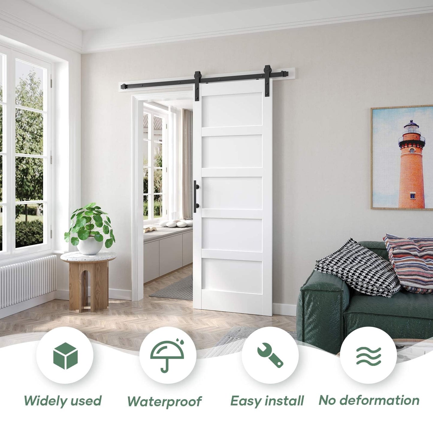 Fredbeck 32x84 inch White Barn Door with 5.5FT Sliding Door Hardware Kit Included & Handle,Solid,MDF,PVC Surface,DIY Assembly,5-Panel,Fit 29in-30in Opening