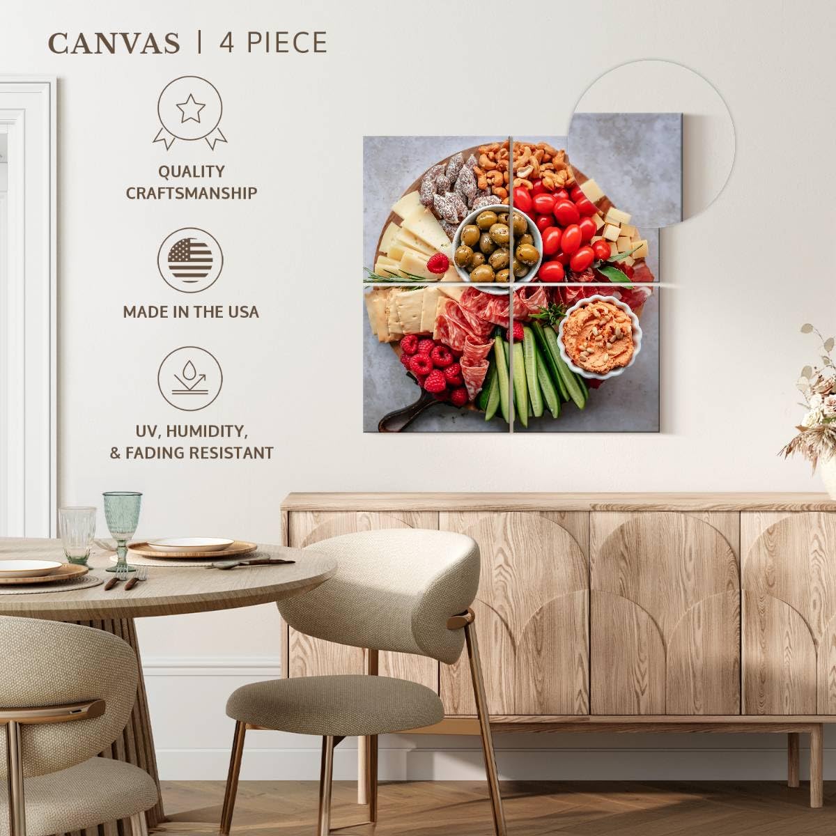 ElephantStock - Charcuterie Board Wall Art - Square Multi Panel Canvas - 4 Piece Dining Room Wall Decor - Photography Food And Drink Multi Piece Wall Art - Brown And Gray Decor - 50" x 50"