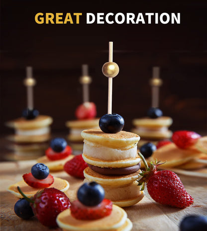 200PCS Cocktail Picks, Fancy Toothpicks for Appetizers, Decorative Bamboo Skewers for Appetizers Drinks Fruit, 4.7 Inch Long Wooden Gold Pearl Food Sticks Charcuterie Boards Accessories Party Supplies
