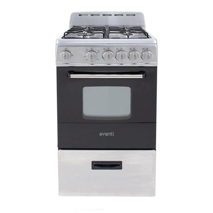 Avanti Gas Range Oven, Compact Freestanding Design, 4 Sealed Burners with Electronic Ignition, 2.1 Cu.Ft. Capacity Features Storage Drawer Broiler and Accessories, 20-Inch, Black
