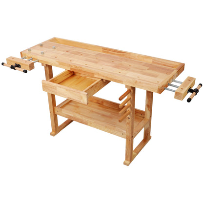ABH 55 Inches Wood Workbench, Heavy Duty Woodworking Table with Adjustable Handle Vice, 300lbs Capacity Solid Wood Work with Storage Drawer Shelf for Garage, Workshop, Natural (1 Drawers)