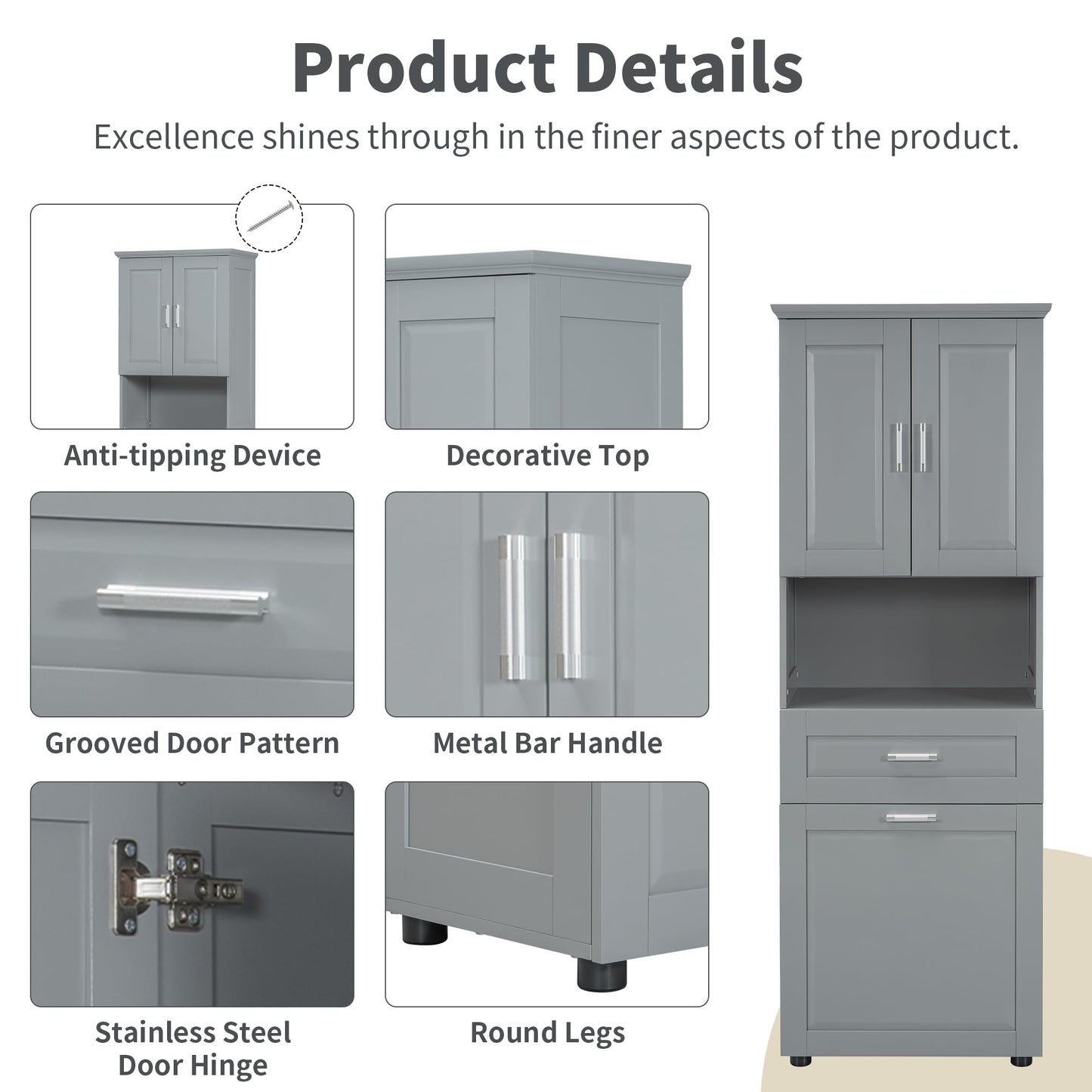 Storage Cabinet with Doors and Drawer, Multi-Functional Bathroom Storage Organizer with Laundry Hamper Basket and Open Shelf, Soft-Closing Door, Gray