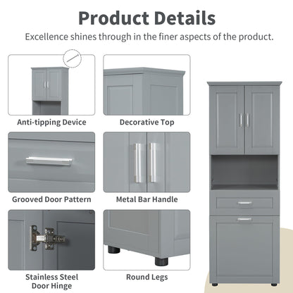 Storage Cabinet with Doors and Drawer, Multi-Functional Bathroom Storage Organizer with Laundry Hamper Basket and Open Shelf, Soft-Closing Door, Gray