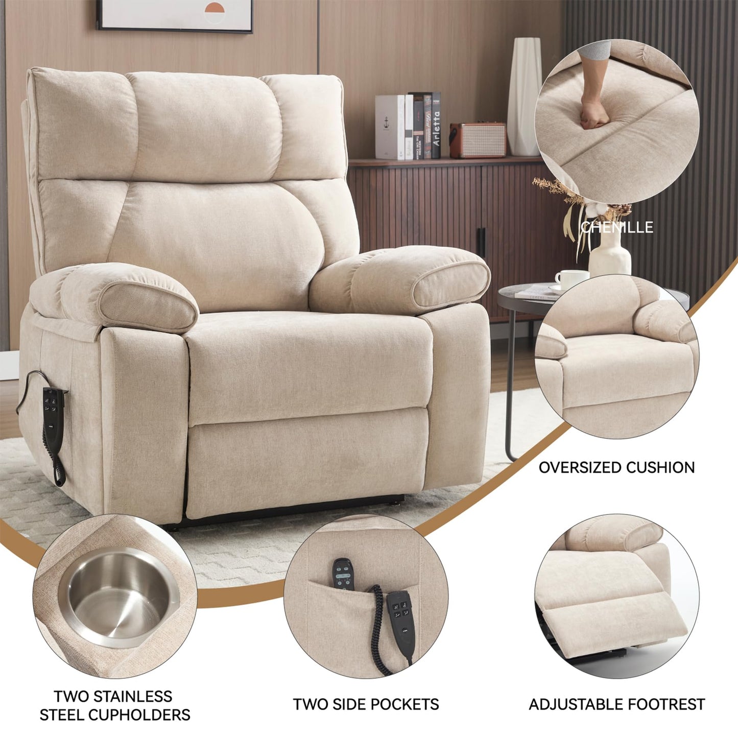 RHHVVR Oversized Power Lift Recliner Chair for Adults, Large Electric Lift Recliners with Massage Heating, Medium-Firm Electric Lay Flat Reclining Chair Sofa for Living Room, Chenille Beige