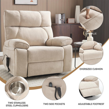 RHHVVR Oversized Power Lift Recliner Chair for Adults, Large Electric Lift Recliners with Massage Heating, Medium-Firm Electric Lay Flat Reclining Chair Sofa for Living Room, Chenille Beige