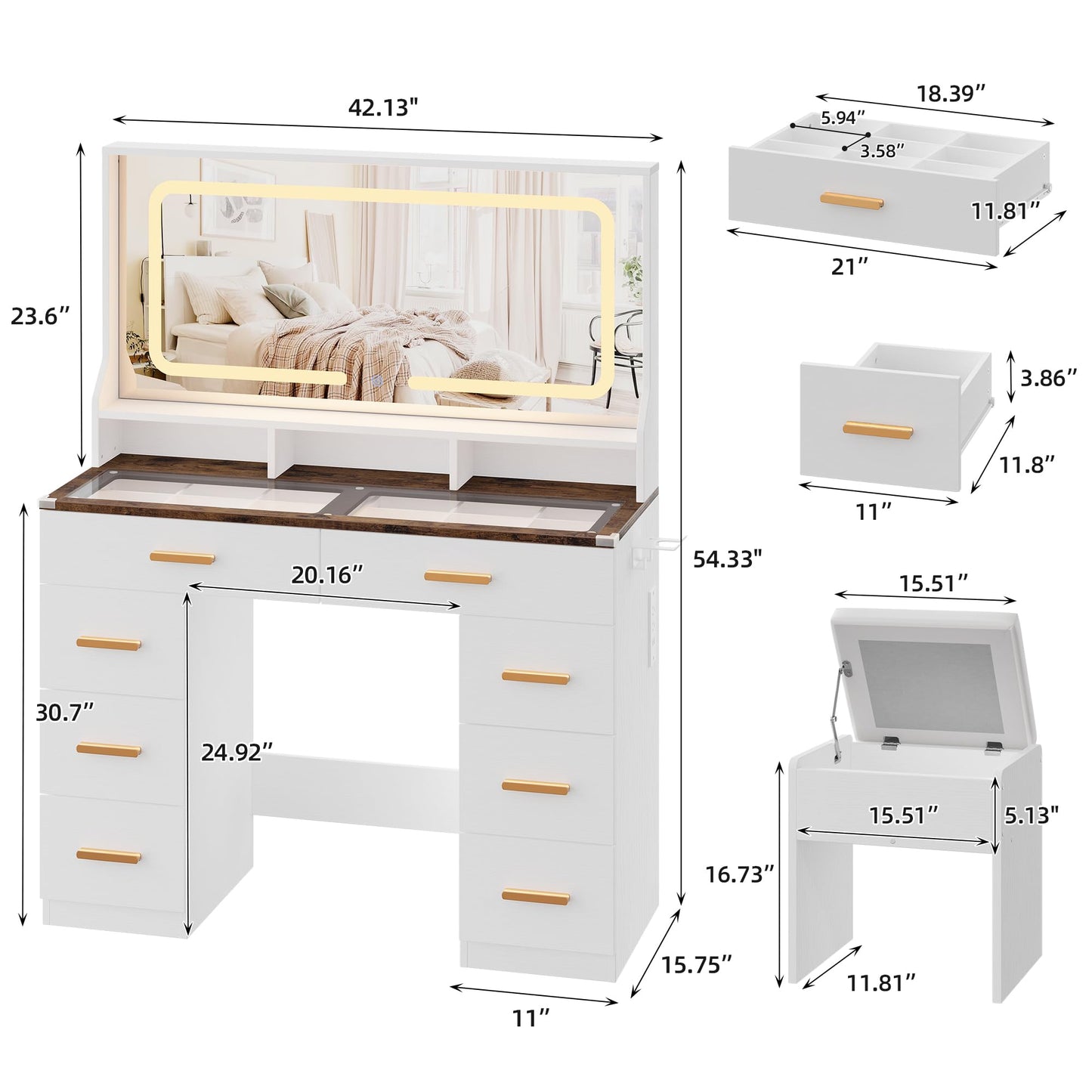 GAOMON Makeup Vanity Desk with Large Lighted Mirror, Vanity Desk with Glass Tabletop, 8 Drawers & 3 Storage Shelves, Vanity Set with Built-in Power Outlet for Bedroom & Dressing Area, White & Rustic