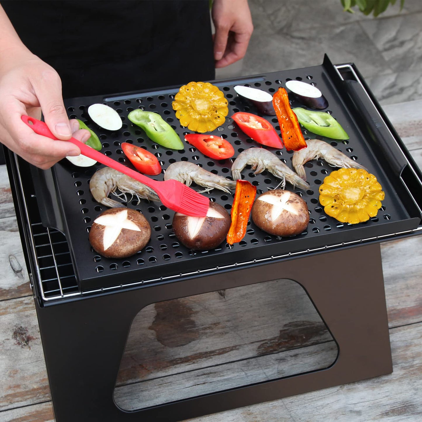 MEHE Vegetable Grill Basket,Nonstick Grill Pan 14.6 "x11.4 Thicken Grilling Topper BBQ Accessory for Grilling Veggie, Fish, Shrimp, Meat, Camping Cookware (No Hand)