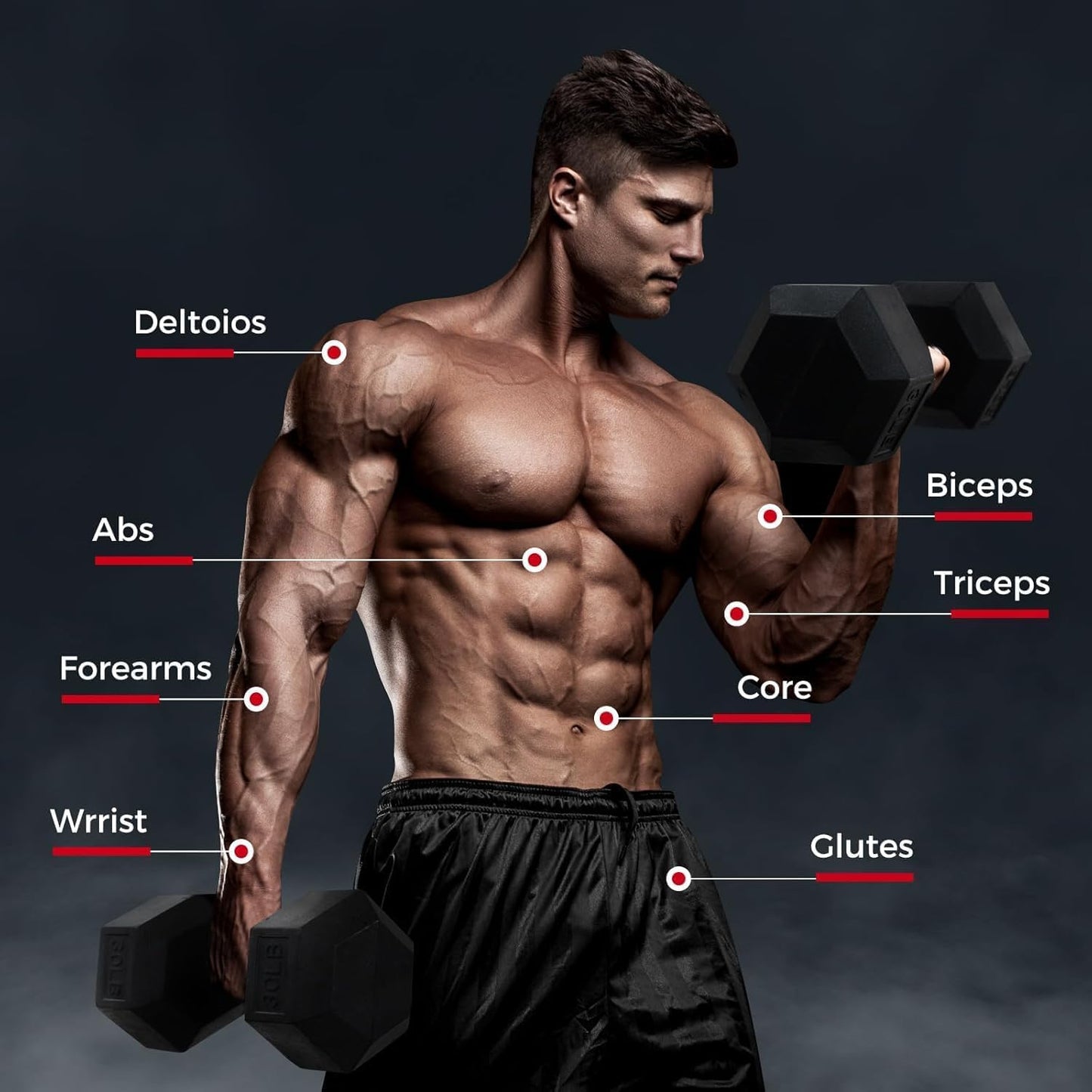 RITFIT Rubber Hex Dumbbells Set with Rack, 350LB Red Heavy-Duty Cast Iron Core, Knurled Chrome Handle, Space-Saving Storage Rack for Home Gym Strength Training