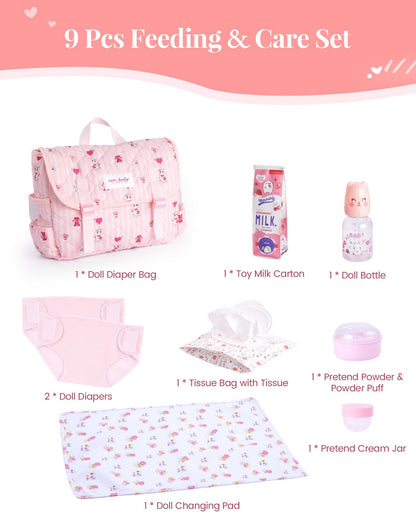 BABESIDE 9 Pcs Reborn Baby Doll Accessories for 17-22 Inch Reborn Dolls, Diaper Bag Set with 2 Diapers, Changing Pad, Bottle, Tissue and Care Set, Great for Children's Pretend Play, Doll Not Included