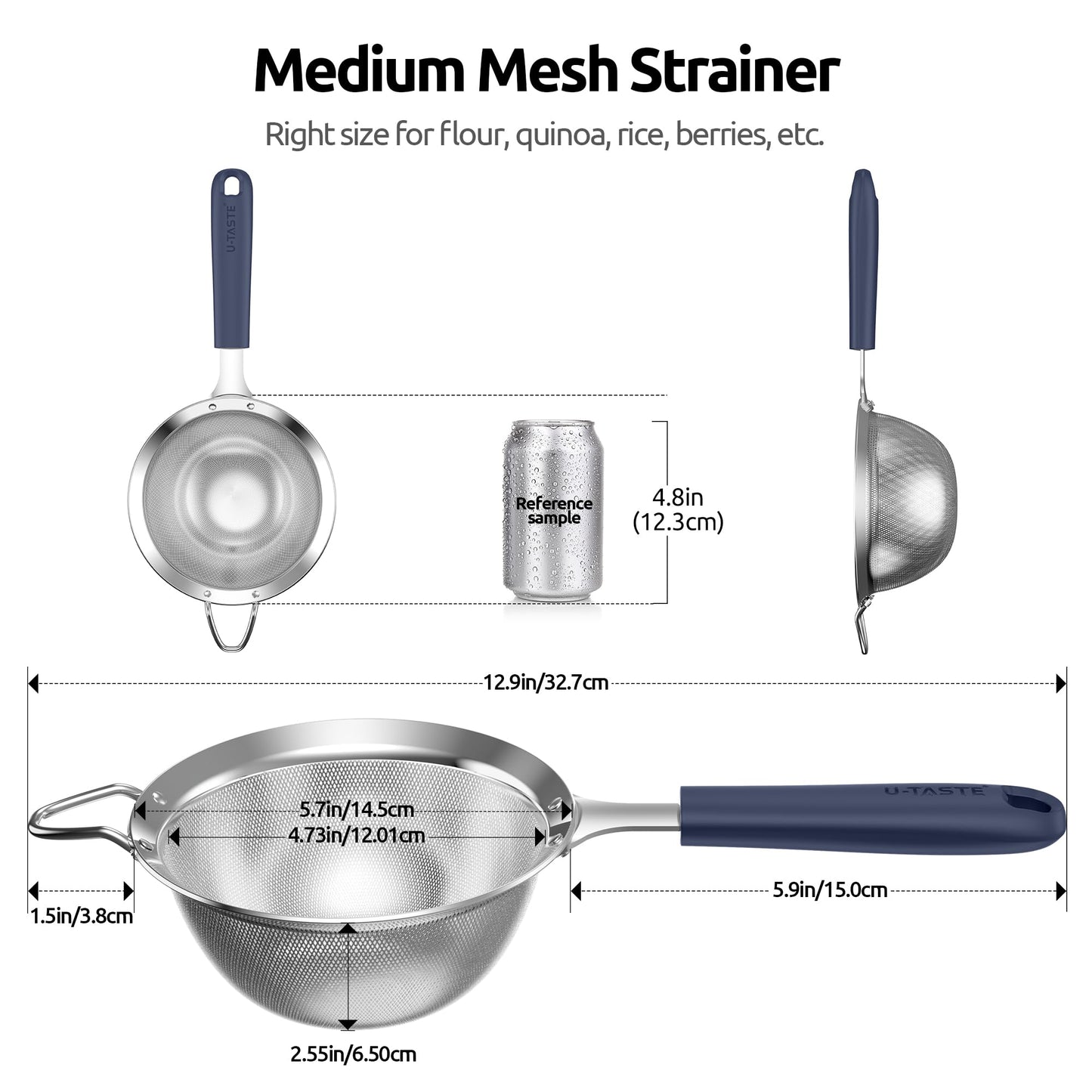 U-Taste Medium Fine Mesh Strainer: 18/8 Stainless Steel 4.73in 30 Mesh Kitchen Food Sieve with Sturdy Riveted Silicone Handle, Heavy Duty Deep Handheld Metal Colander for Rice, Quinoa(Midnight Blue)