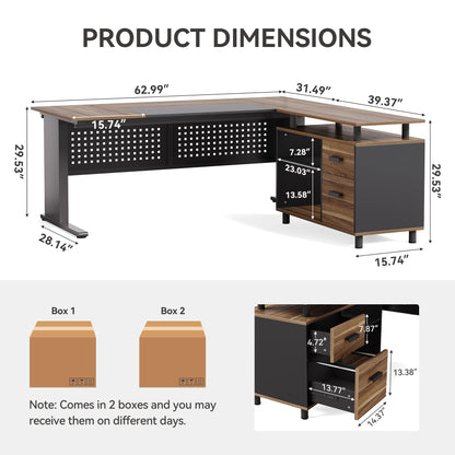 LITTLE TREE Large Computer Desk with File Cabinet, 63 Inch L Shaped Executive Office Desk with Drawers and Storage Shelves, Business Furniture Workstation for Home Office