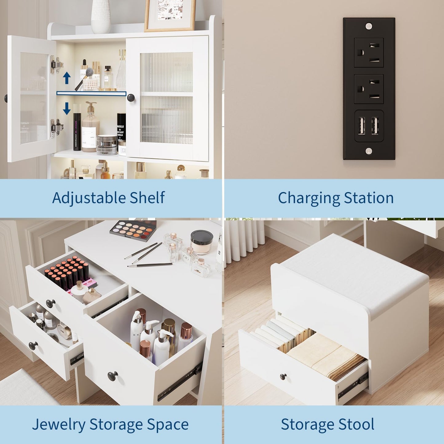 GarveeHome 3-in-1 Vanity Desk with LED Mirror & Chair – Tall Makeup Vanity Set with 2 AC Outlets & USB-c Port – Storage Drawers with Acrylic Doors, Jewelry Organizer & Nightstand Function