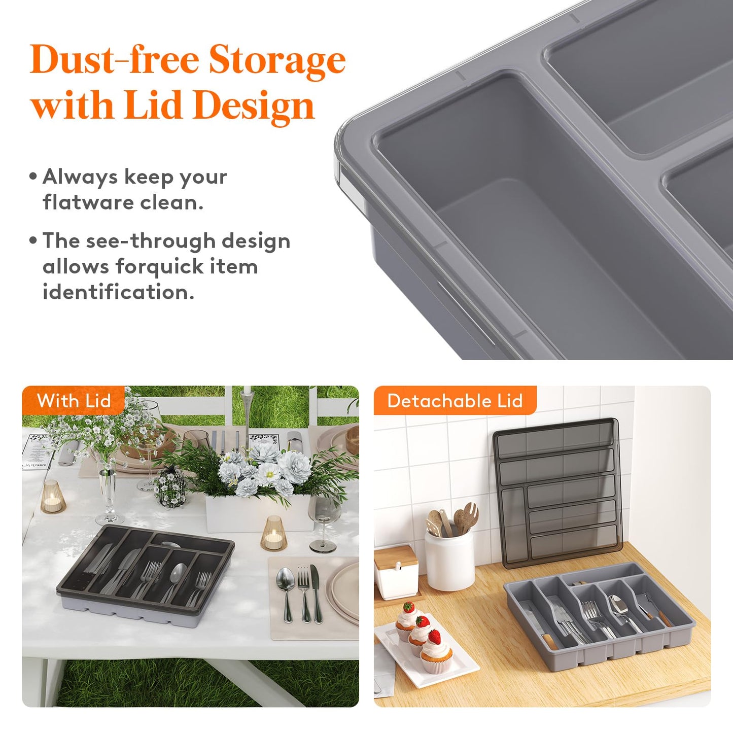 Lifewit Silverware Organizer with Lid, Covered Utensil Tray for Kitchen Drawer and Countertop, Plastic Cutlery and Flatware Storage Box for Spoons Forks Knives Holder Case, 6 Compartments, Black
