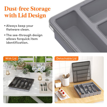 Lifewit Silverware Organizer with Lid, Covered Utensil Tray for Kitchen Drawer and Countertop, Plastic Cutlery and Flatware Storage Box for Spoons Forks Knives Holder Case, 6 Compartments, Black