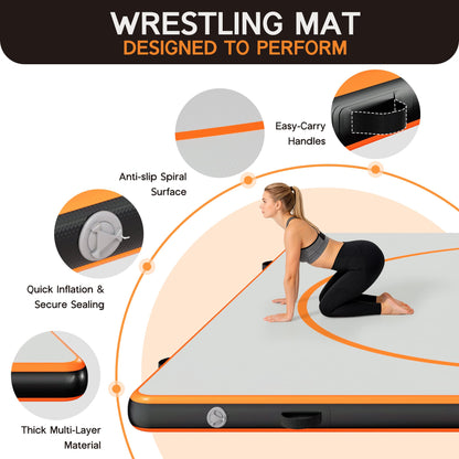 Specraft 10x10 FT Inflatable Wrestling Mat 4" Thick PVC Orange/Gray Waterproof Jiu Jitsu Mats for Jiu Jitsu, BJJ, MMA, Grappling & Water Yoga, Indoor/Outdoor, Includes Dust Bag & Repair Kit