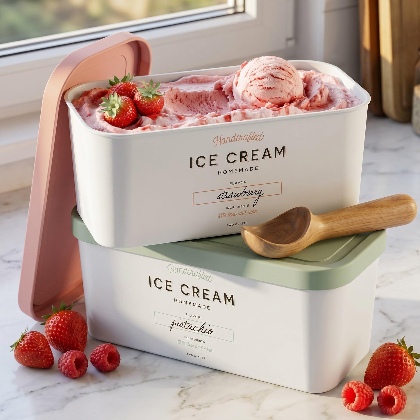 ZICOTO Set of 2 Reusable Ice Cream Tub Containers 2 Quart Each - Perfect for Homemade Sorbet, Frozen Yogurt Or Gelato - Stackable Storage Containers, Stickers And Lids Stores Easily In Freezer
