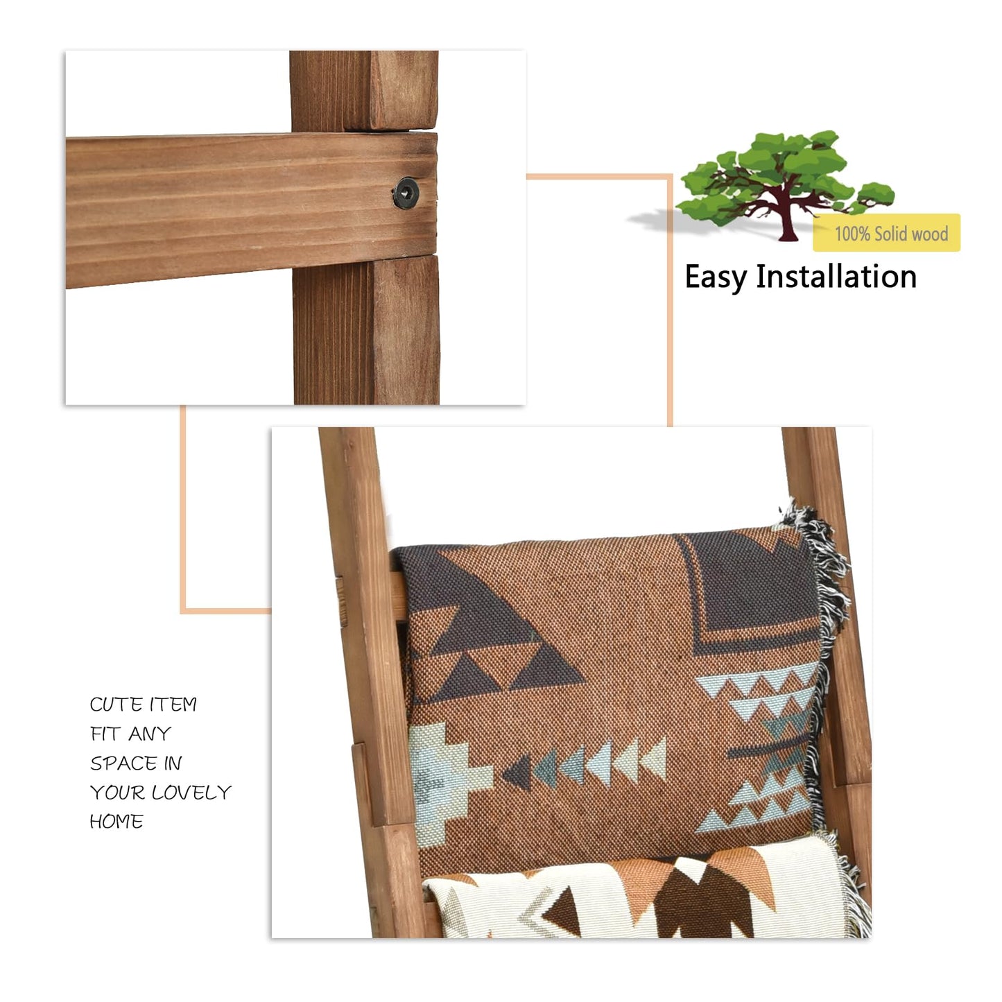FUIN 6.4ft Extra Wide Wooden Blanket Ladder Living Room Decorative Wal Leaning Farmhouse Quilt Display Holder Rustic Wood Towel Rack for Bathroom, Brown, 18.5 inch Wide
