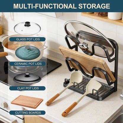 AMDISI Kitchen Pot Lid Storage Rack: Carbon Steel Double-Layer Holder & Spoon Rest with Removable Drip Tray, Pot Cover Holder While Cooking, Pot Lid Organizer for Kitchen Counter Space Saving(Gray)
