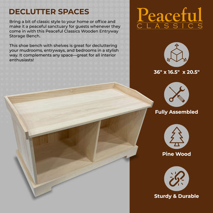 Peaceful Classics Rustic Pine Wooden Entryway Storage Bench, 36" W x 16.5" D x 20.5" H, Unfinished