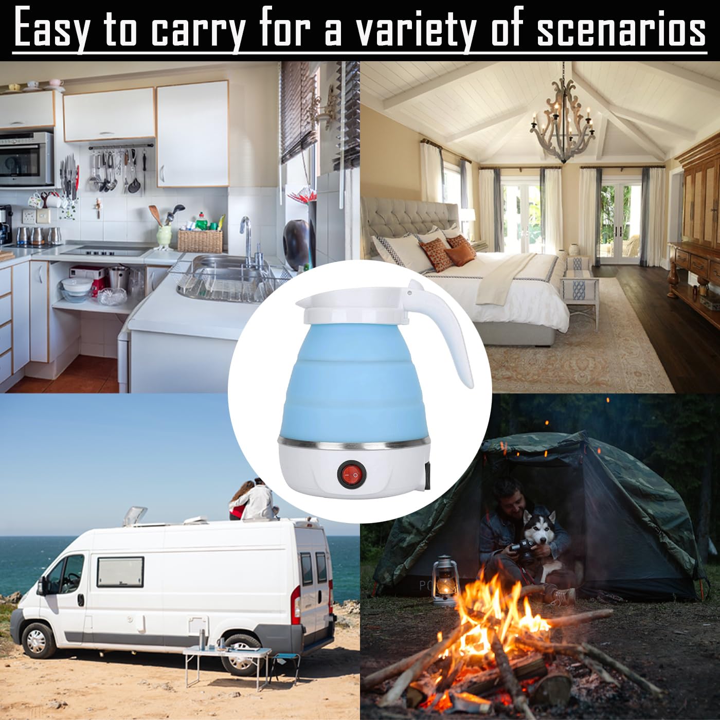 Travel Kettle Electric Small Foldable Portable Kettle,Silicone Collapsible Heating Water Boiler Tea Pot for Camping,Easy for Storage with Separable Power Cord (Blue pro)