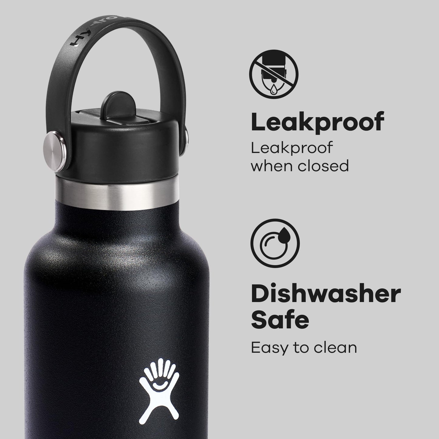 Hydro Flask Water Bottle - Insulated Stainless Steel - Straw Lid, Non Spill, Leakproof 24 Oz Black
