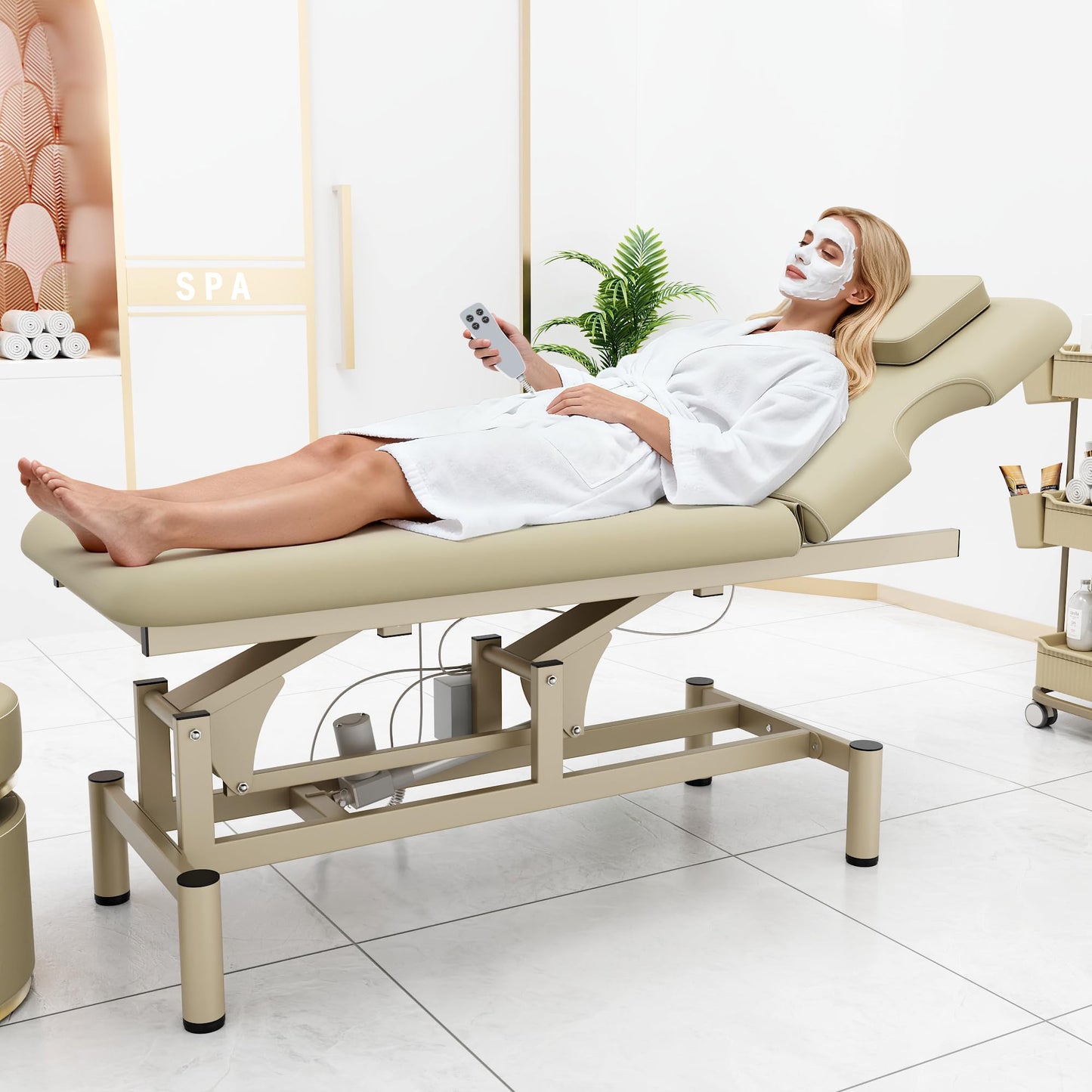 Dolonm 2 Motors Electric Massage Table, Hydraulic Electric Lift Adjustable Backrest and Height Lifting for Treatment, Physical Therapy, Spinal Massage, Facial Spa, Waxing, Tattooing - Beige Gray