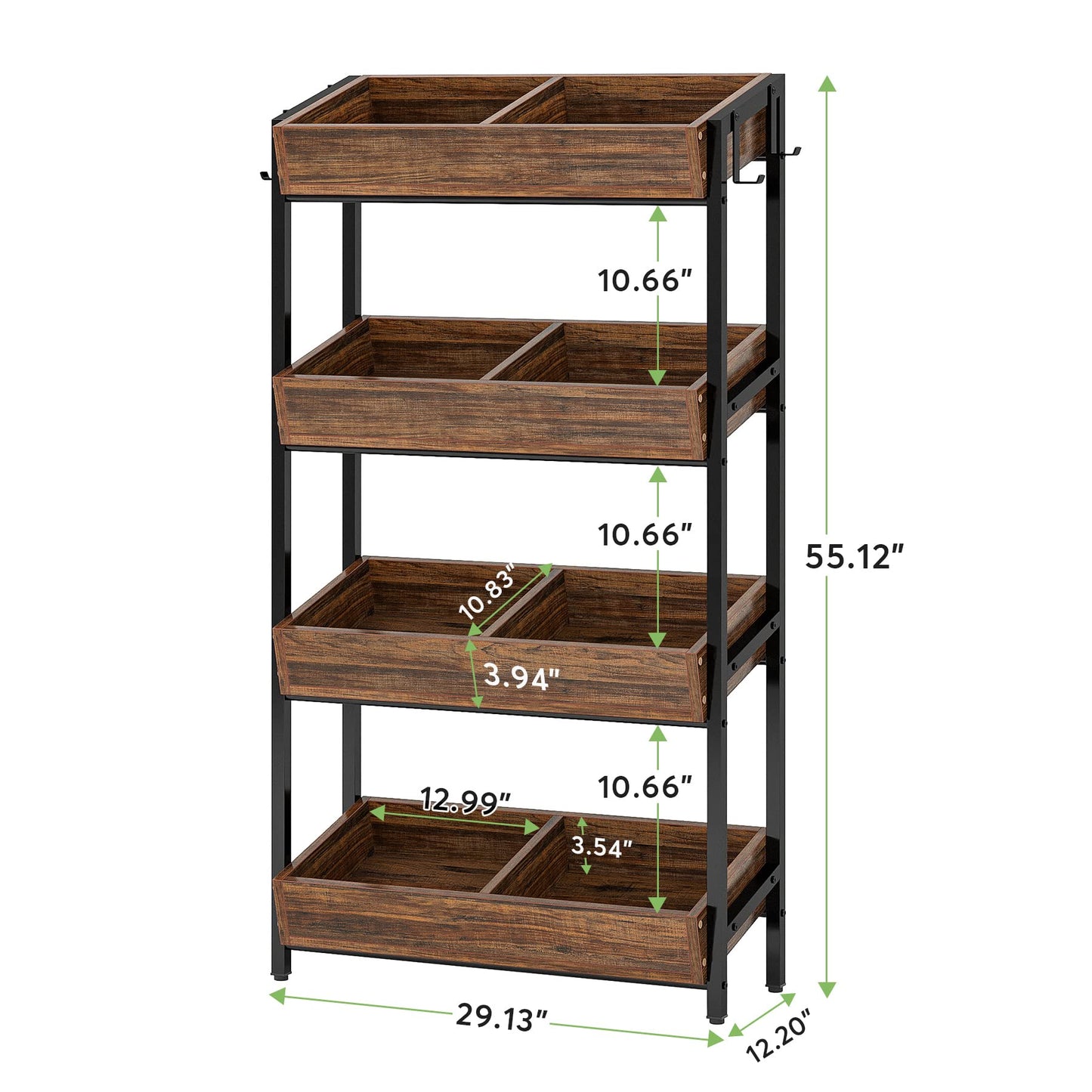 Tribesigns Wood Fruit and Vegetable Basket Stand Rack for Kitchen, Office, Store, Supremarket, Pantry Shelf Unit for Snacks, 4-Tier Wooden Utility Storage Shelves Set of 2 (Brown+Black)