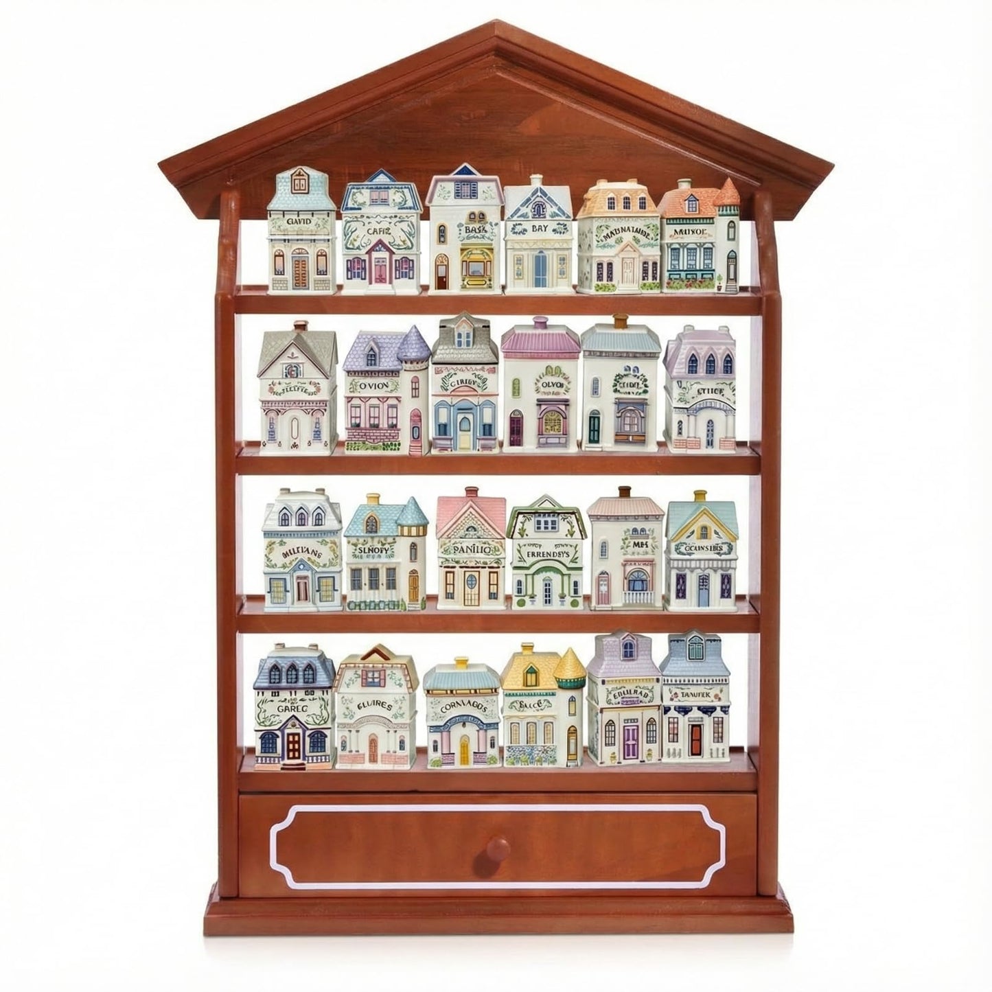 Chunful Vintage Spice Jar Wooden Rack with 4 Shelves and Drawer Hanging Spice Rack Wall Mounting Kitchen Storage Village Style Display Shelf for 24 Jars, Shelf Only(Classic)