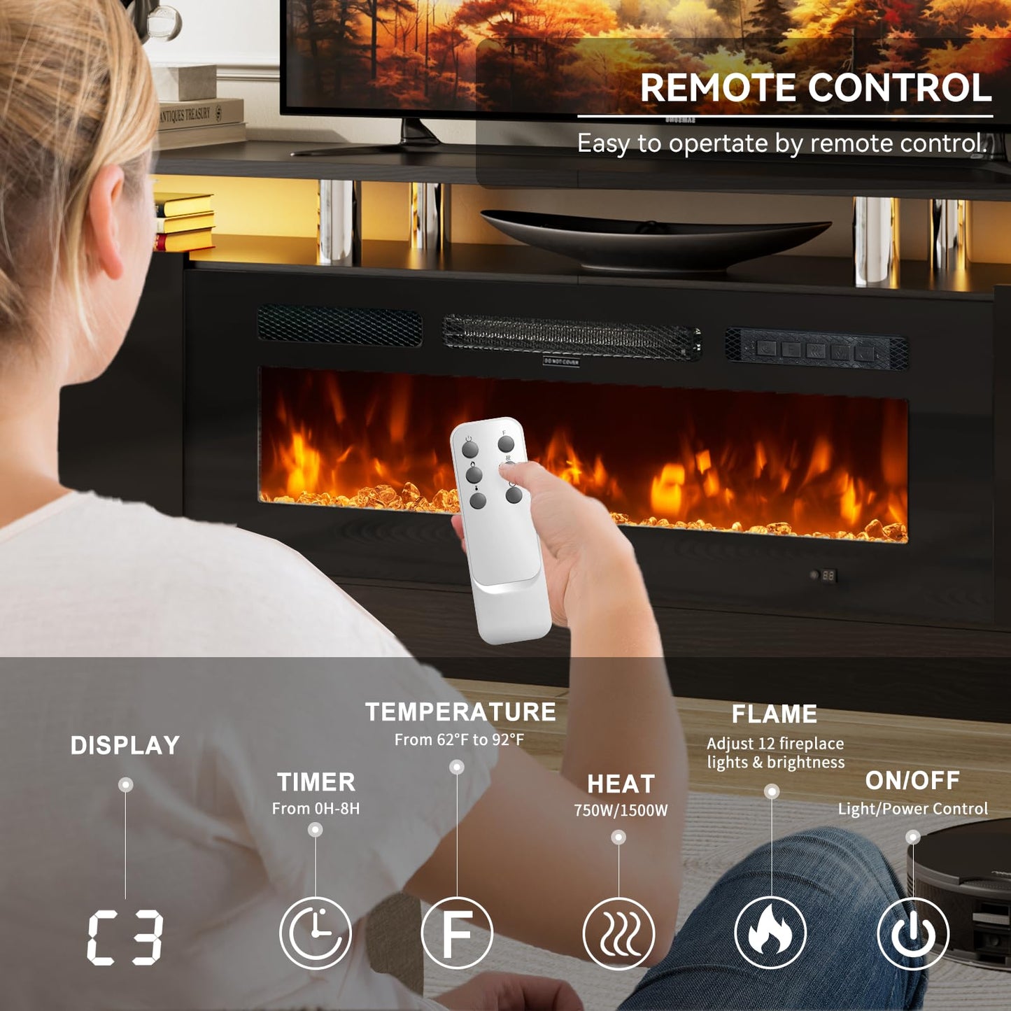 OneBlis 90" TV Stand for Living Room, Large Entertainment Center & Media Console, Fits TVs up to 100", Storage Cabinet with Shelves, 50" Electric Fireplace