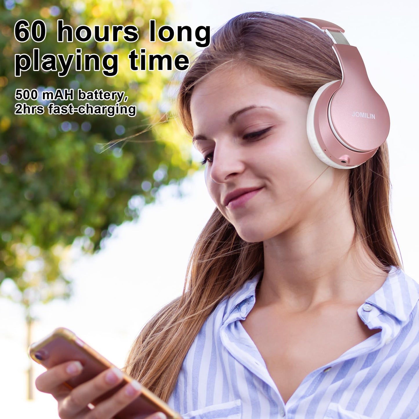 JOMILIN B9 Bluetooth Headphones Over-Ear, 3 EQ Music Modes and 50H Playtime Wireless Headphones with Mic, Hi-fi Stereo Lightweight Folding Headset, Volume Control for Travel Tablet PC (Rose Gold)
