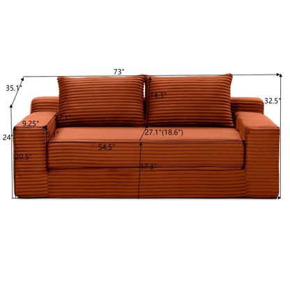 Zyerch 73" Convertible Sofa Bed, 2 in 1 Corduroy Folding Couch with Pillows, No Assembly Boneless Compression Sofa in Box, Loveseat with Side Storage Pocket for Apartment, Living Room, Orange