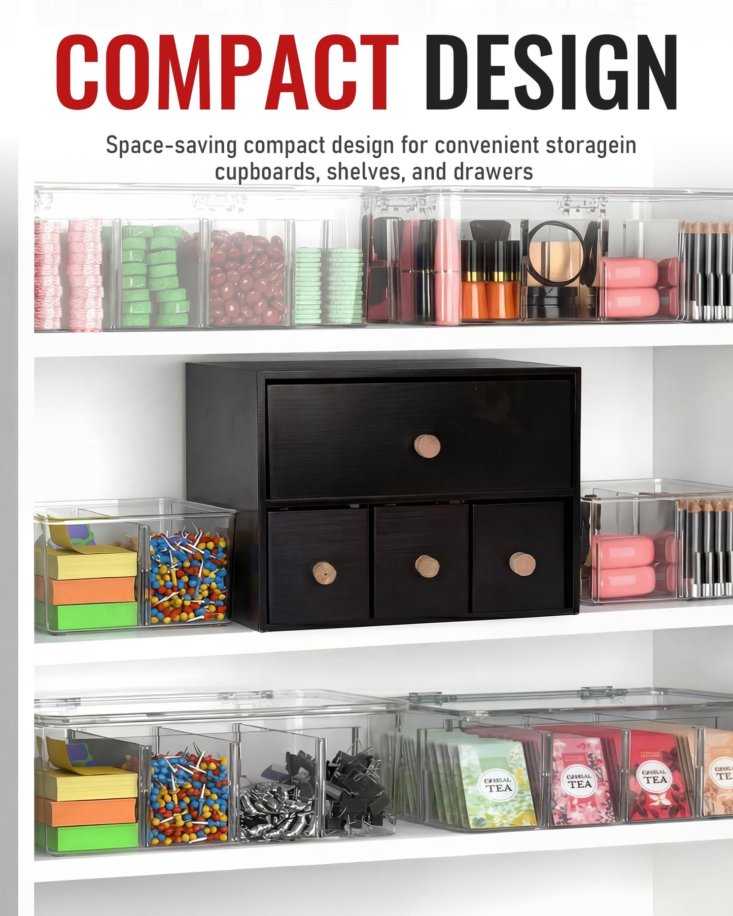 Tea Drawer Organizer for Tea Bags and Coffee Bar Supplies Black Wooden Tea Box with 4 Pull Out Drawers for Countertop Pantry Breakroom and Kitchen Tea Station