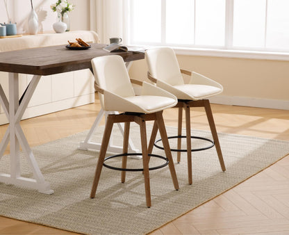CIMOTA Leather Swivel Bar Stools Set of 4, Mid-Century Modern Counter Height Chairs with Faux PU Upholstery and Natural Wooden Legs for Kitchen Island, 26 Inch/Beige