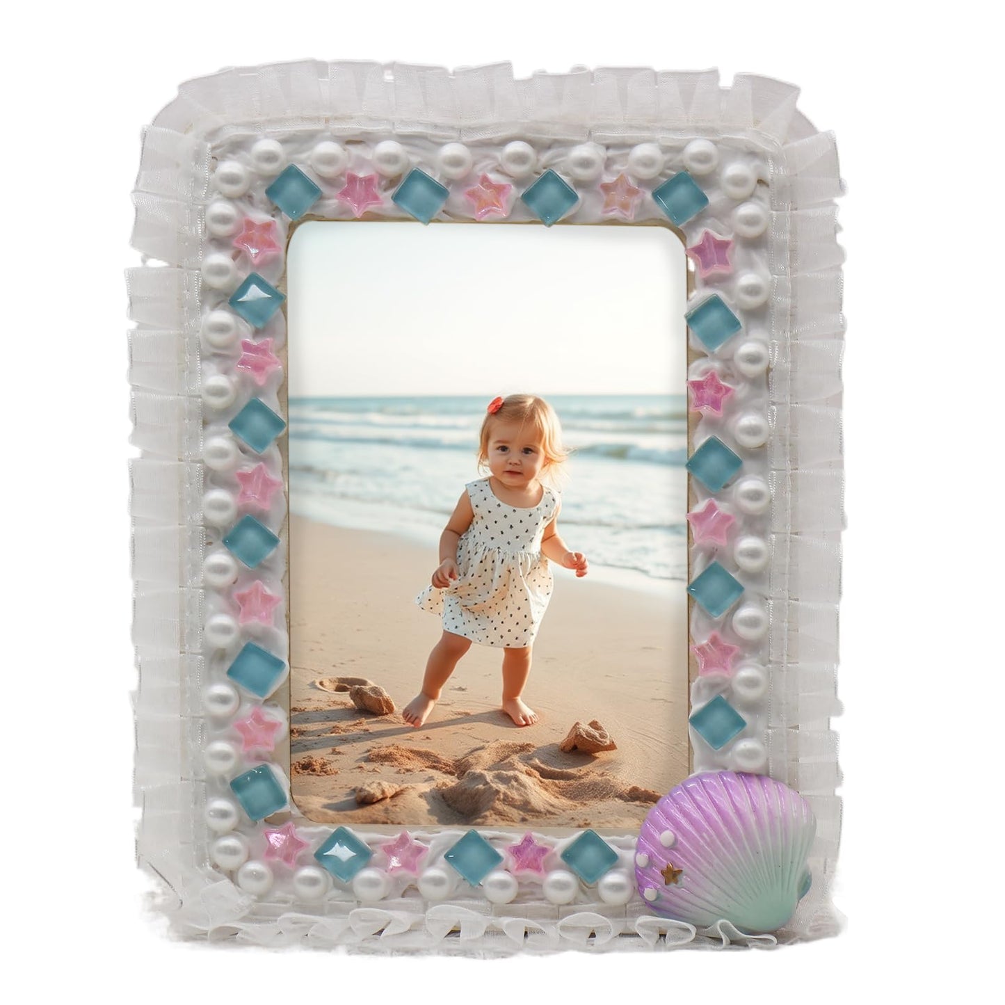Fenzonmic DIY Mosaic Photo Frame, Craft Kit with Cream Glue & Ocean Resin Stickers, Safe DIY Art Project for 4x6 Pictures, Creative Craft Gift for Friends, Family