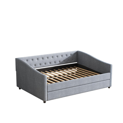 Ball & Cast Full Size Daybed with Twin Size Trundle,Upholstered Day Bed Frame w/Button Tufted Back and Wave Shape Arm for Bedroom, Guest Room,Apartment,Light Grey