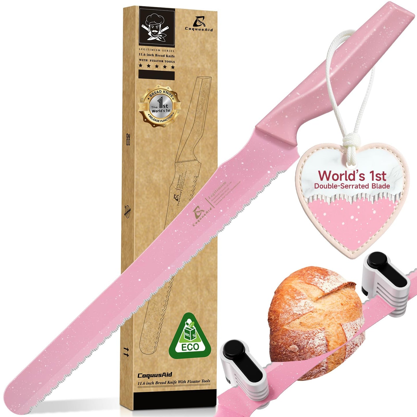 CoquusAid Upgrade Bread Knife for Homemade Bread, World‘s 1st Double Serrated Knife for Crusty Sourdough, 11.6 Inch Stainless Steel Bread Slicer, Professional Sourdough Cutter, Ideal for Gift, Pink